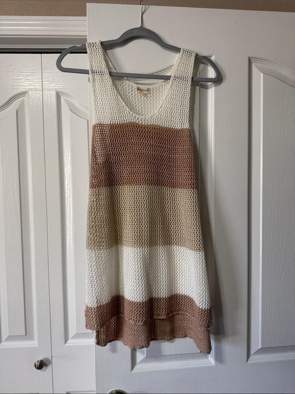Hem & Thread Open-Weave Stripe Knit Tank in Cream and Brown